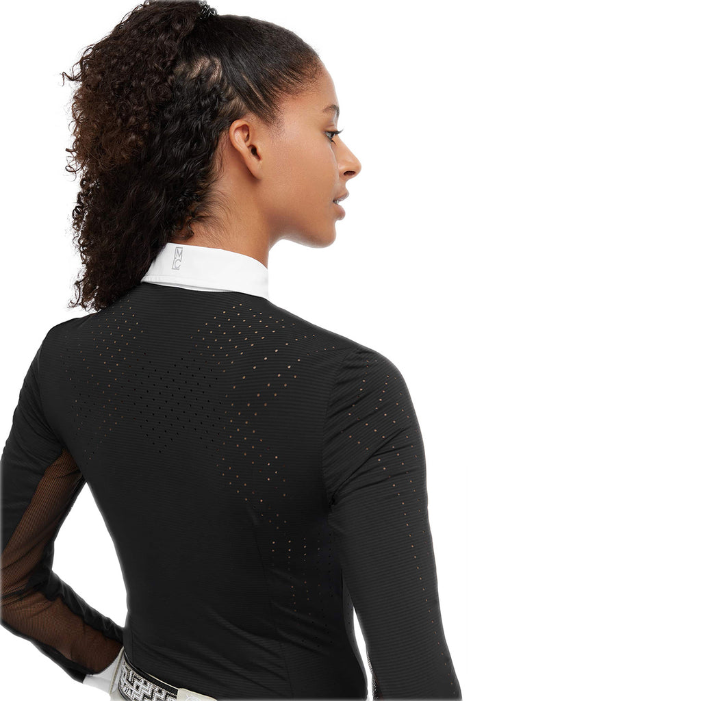 Model wearing the Indiana Competition shirt in black showing side-back detail