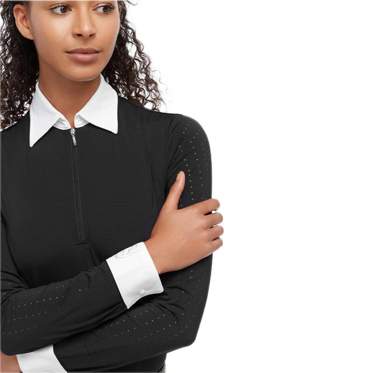 Model wearing the Indiana Competition shirt zoomed in to detail on arm, in black