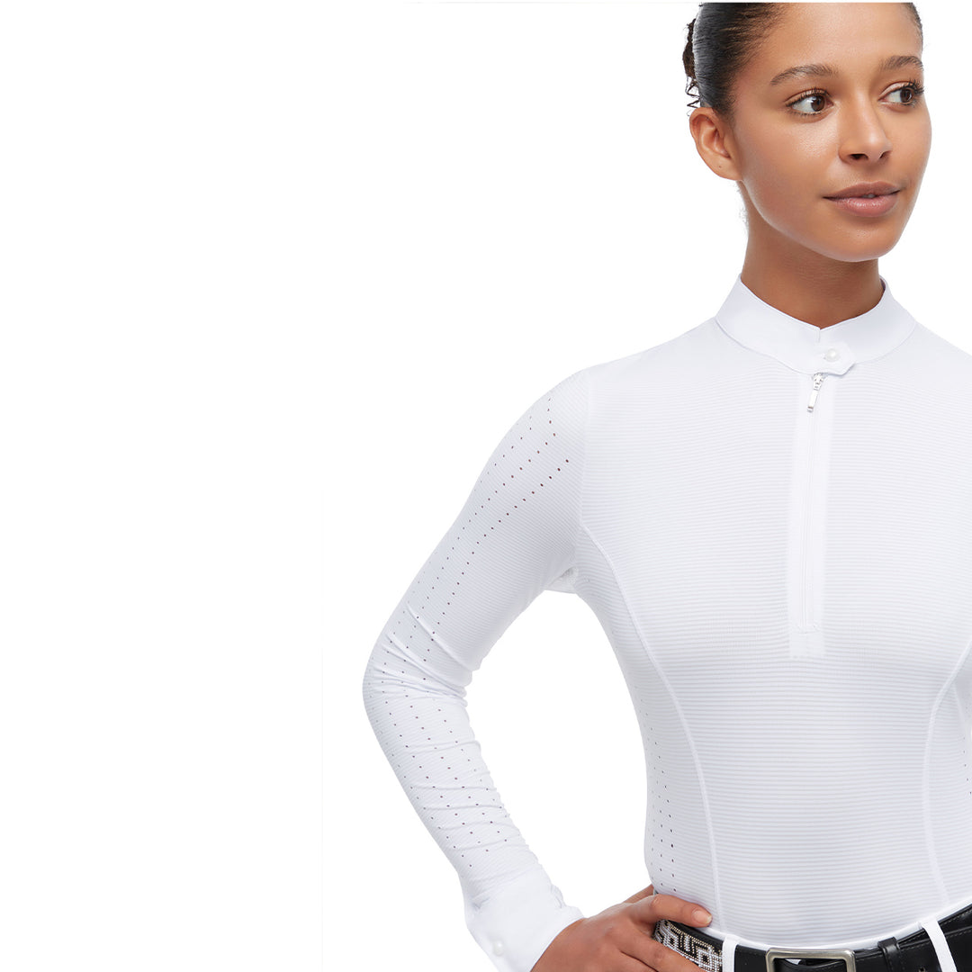 Model wearing the Indiana Competition shirt zoomed in to detail on arm, in white