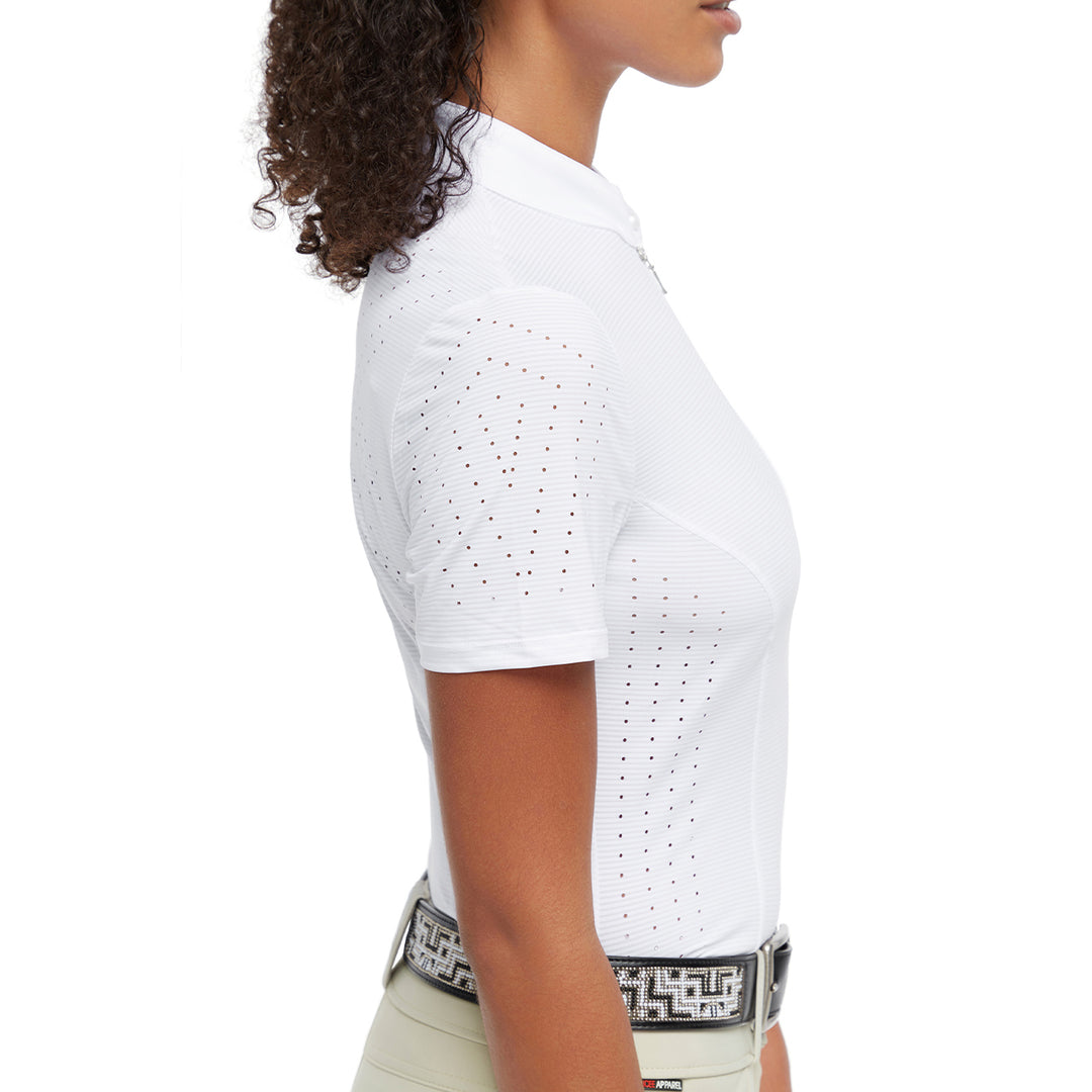 Model wearing the Olympia Competition shirt from side view in white